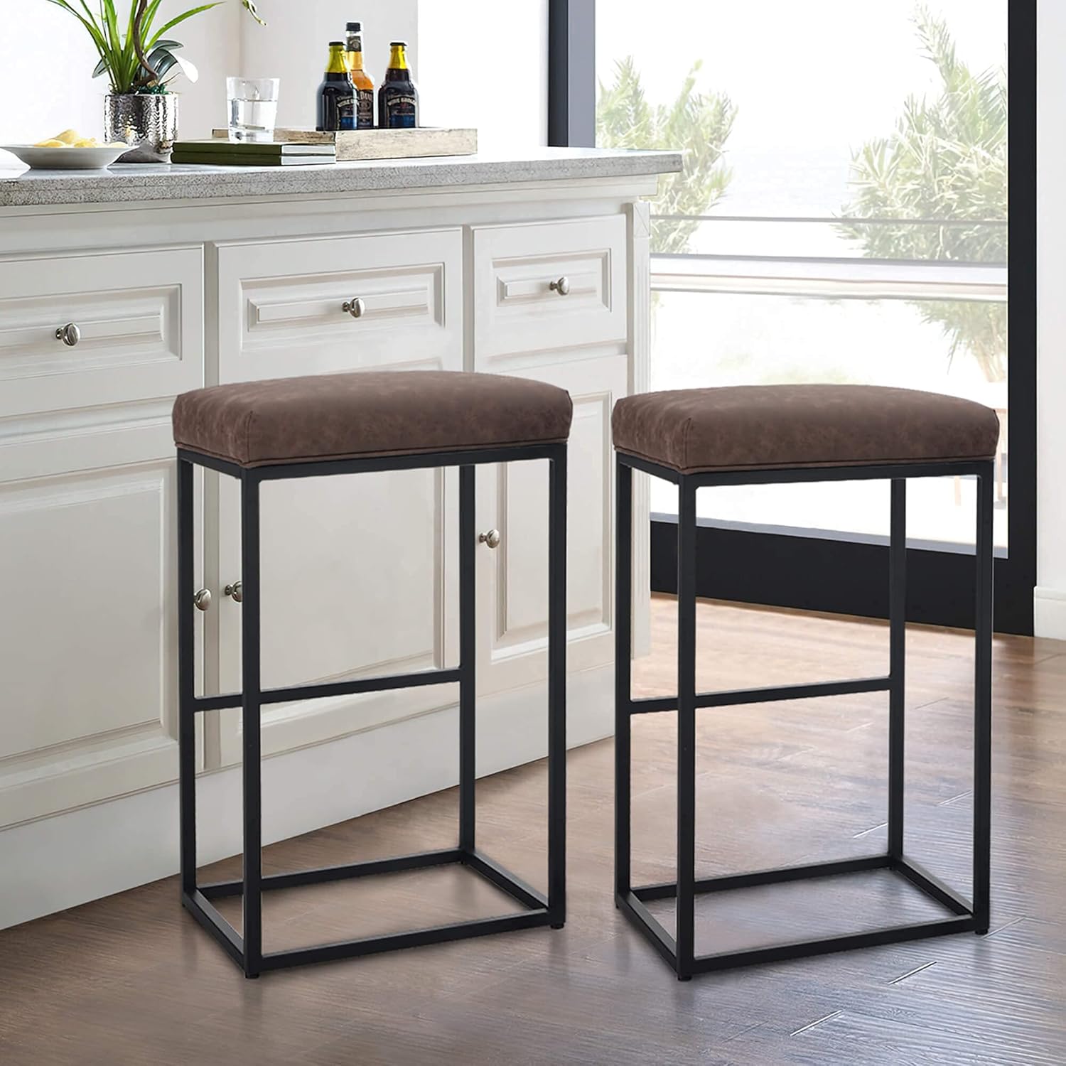 Sophia & William 30" Bar Stools Bar Height, Modern PU Leather Upholstered Stools, Backless Dining Chairs for Kitchen Island Bar Pub Bistro, 300lbs (Brown 1 Pack): Kitchen & Dining