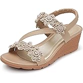 SHIBEVER Wedge Sandals for Women Dressy: Summer Open Toe Low Platform Wedges Sandals Elastic Ankle Strap Flower Comfortable Casual Shoes