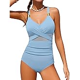 Doumlop Girls Swimsuit Criss Cross One Piece Swimsuits Wrap Tie Back Sheer Mesh Bathing Suit with Gold Metal Swimwear 9-16Y