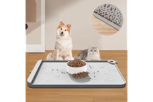 RAOUOEN Silicone Dog Food Mat With Residue Collection Pocket - Waterproof Pet Feeding Mat for Cats and Dogs, Raised Edges, Hooks, Placemats for Water Bowl