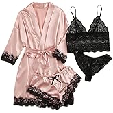 Women Lingerie Sleepwear Satin Pajamas Set 4pcs Lace Cami Nightgown with Robe