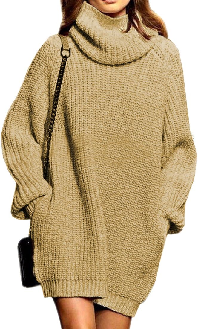 Fengtres Ladies Wool Turtle Neck Loose Pullover Sweater Jumpers Dress