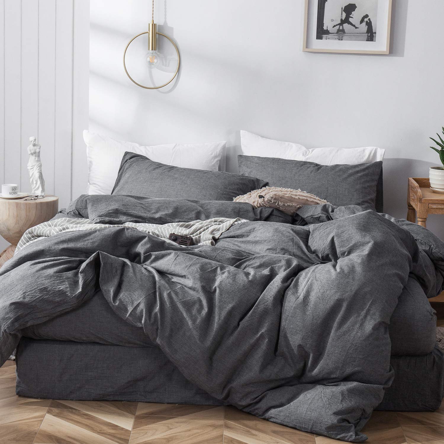 Photo 1 of MooMee Bedding Duvet Cover Set 100% Washed Cotton Linen Like Textured Breathable Durable Soft Comfy (Heathered Dark Grey, Palatial King/Oversized King 120"x98")