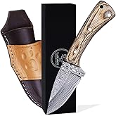 YA FORGE 7" Hunting Knife – Hand-Forged Damascus Steel Fixed Blade Knife with Leather Sheath – 3" Blade, Pakka Wood Handle – Camping, Survival, Tactical, Hiking