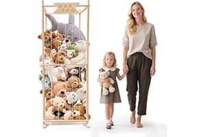 Megapuxin Stuffed Animal Storage Zoo with Wheels, Wooden Large Stuff Animals Plushies Holder Toy Organizer Kids Plush Storage Cage with Elastic Band and Net for Nursery Playroom Corner for Toddler
