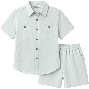 Yoimira Boys 2 Piece Summer Outfits Beach Button Down Shirt Shorts Set | Boys' 2-Piece Clothing Set, Soft 100% Cotton, Loose