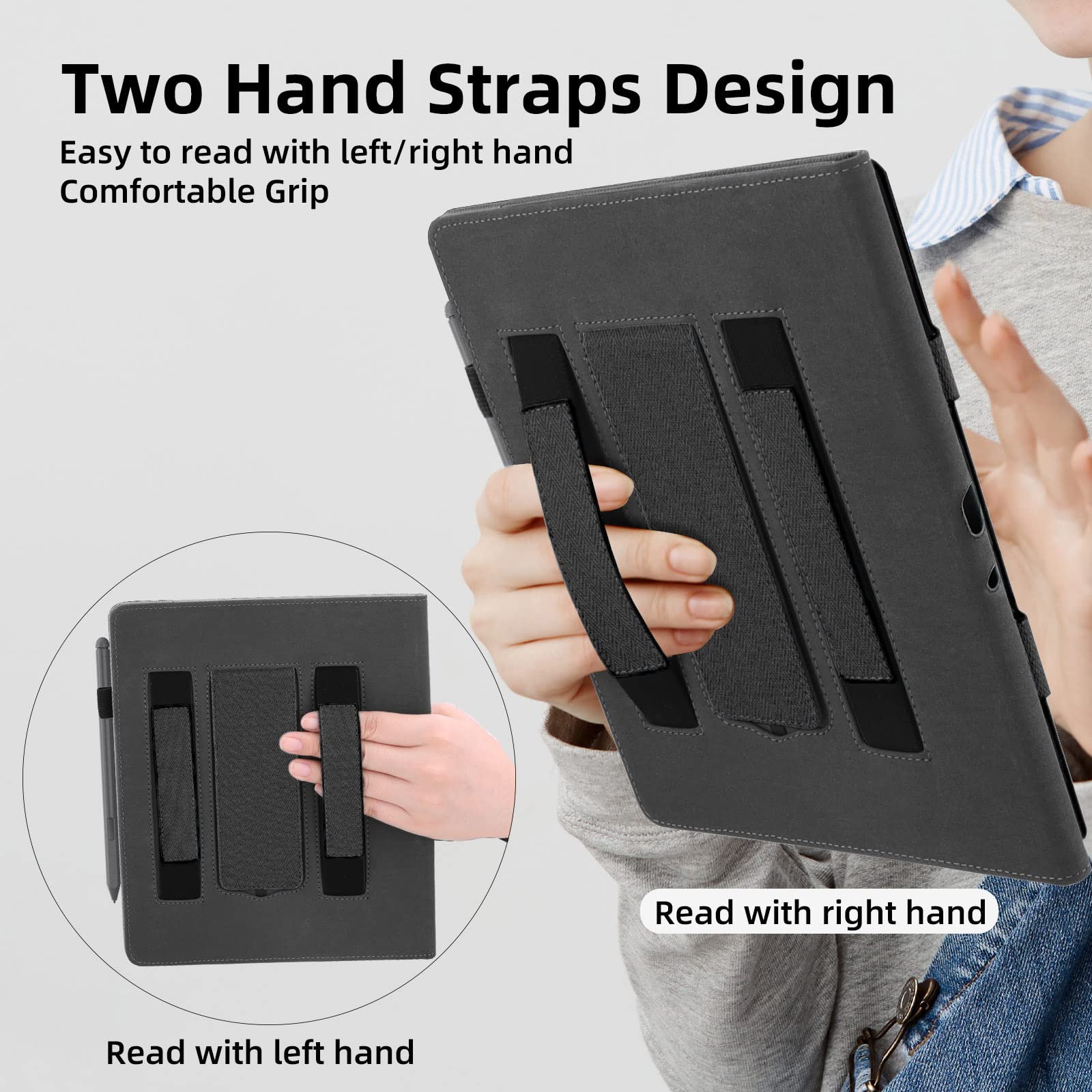 WALNEW Stand Case for Kindle Scribe 10.2 Inch (2024/2022 Released) – Two Hand Straps Premium PU Leather Cover with Auto Sleep/Wake and Pen Holder for Amazon Kindle Scribe Ereader (New Black)