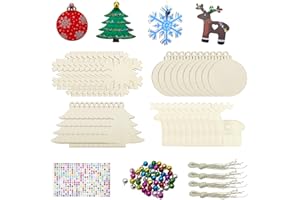 Hidreas 40 Pcs Wooden Ornaments Unfinished Christmas DIY Ornaments Craft Kit, Christmas Wood Ornaments with Bells, Wax Rope and Rhinestone Stickers for Children Arts and Crafts Supplies