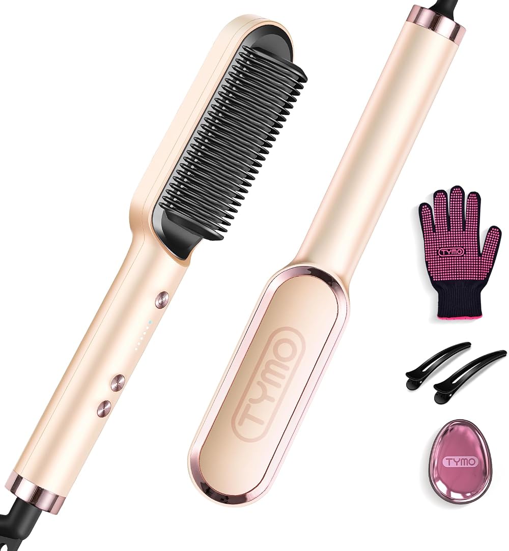 TYMO Hair Straightener Brush UK 2-in-1 Anti-Scald 5 Temp Settings 130-210C Peach