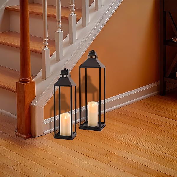 MATAHUM 23″ 19″ LARGE LANTERNS DECORATIVE OUTDOOR INDOOR, SET OF 2 MODERN FARMHOUSE BLACK FLOOR LANTERN WITH CANDLES, HALLOWEEN, CHRISTMAS LANTERNS FOR FIREPLACE, MANTLE, PORCH, PATIO, HOME DECOR