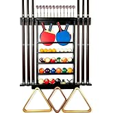 Onemacc Pool Stick Holder Wall Mount, Pool Cue Rack, Ping Pong Paddle Holder, Dart Holder 3-IN-1,100% Solid Wood Billiard Cue Racks,12 Steel/Soft Tip Darts and Table Tennis Accessories for Man Cave