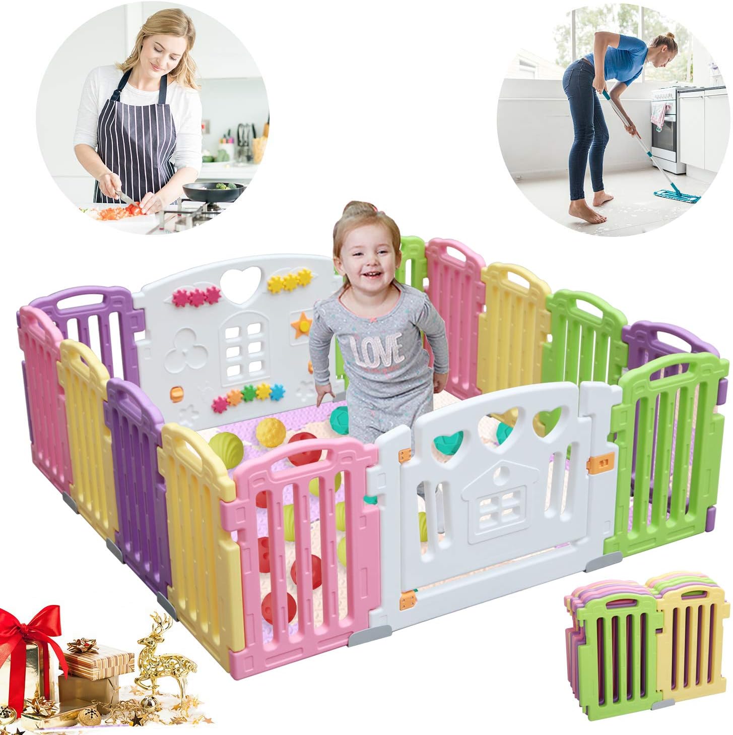 Diroan Foldable Baby Playpen, Kids Activity Centre Safety Play Yard Baby Fence Play Area Baby Gate Home Indoor Outdoor (12+2 Panel)