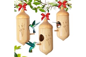 RAKOVAR Hummingbird House, Wooden Hummingbird Houses for Outside Hanging, Humming Bird Nest Swinging, Wooden Bird Houses with Cotton, Bow, String, Gardening Gifts Decoration (3 Pack)