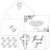 FYSUIMU 50Pcs Funeral Thank You Card Cross Flower Sympathy Boxed Thank You Card with Sticker Envelope Blue Floral Bereavement Cards for Memorial Service Loved Ones Celebration of Life