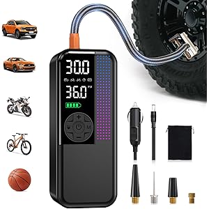 Tire Inflator Portable Air Compressor, 150 PSI Cordless Air Pump, Dual Power 6000mAh, 12V DC Car Plu...
