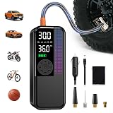 Tire Inflator Portable Air Compressor, 150 PSI Cordless Air Pump, Dual Power 6000mAh, 12V DC Car Plug, Fast Inflation 24L/Min, Auto Shut-Off, LED Light, 4 Preset Modes for Car, Bike, Motorcycle, Balls