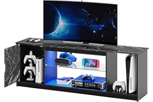 Bestier 57" Gaming LED TV Stand for 55/65 inch TV, Media TV Cabinet for PS5/Xbox Storage, Modern Entertainment Center for Living Room, Adjustable Glass Shelves, Black Marble