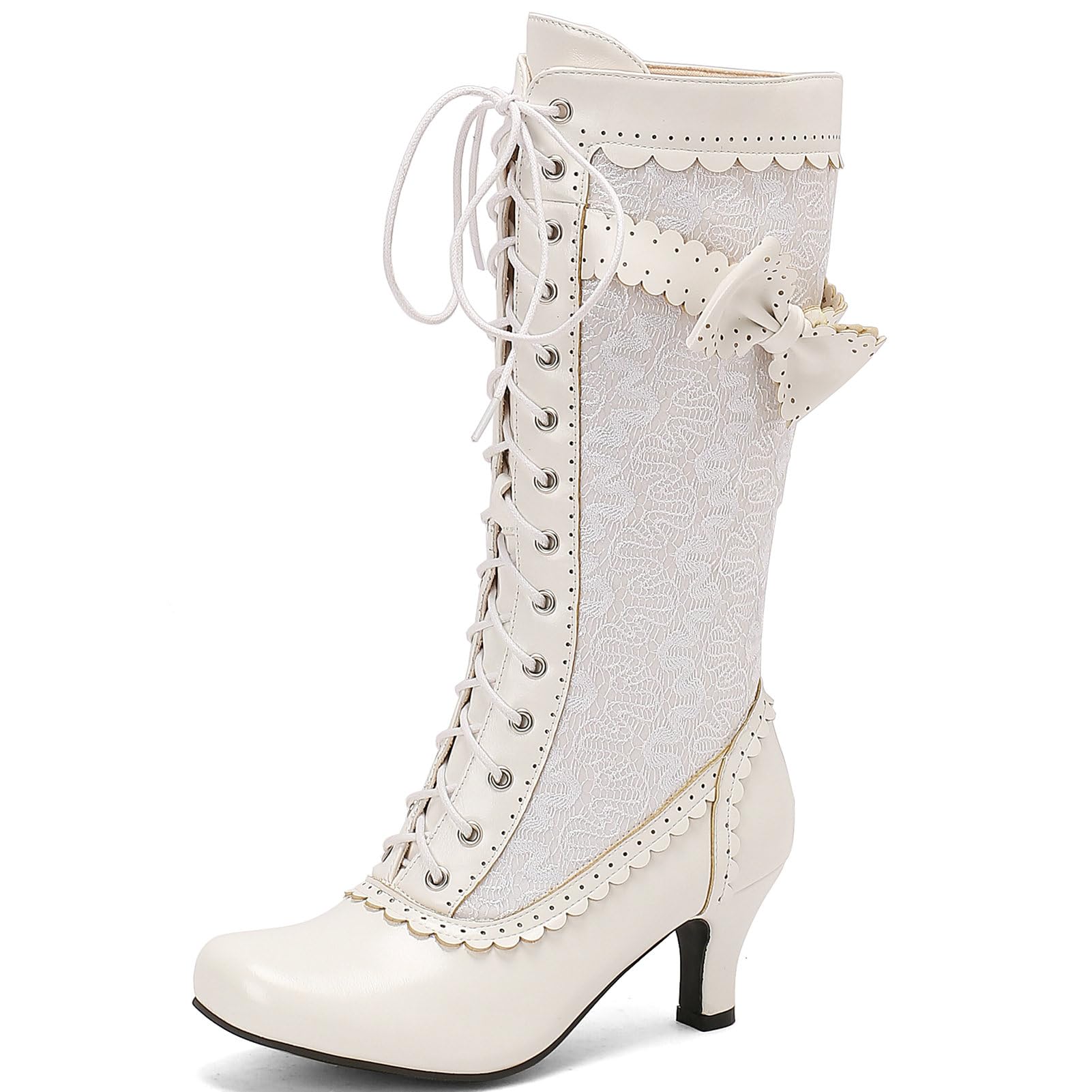 Photo 1 of ***CORECT ITEM****LUXMAX Women Gothic Victorian Boots Low Kitten Heel Mid Calf Boots Lace Up Cute Bow Boots for Ladies Witch Shoes, Size 7 M US,White