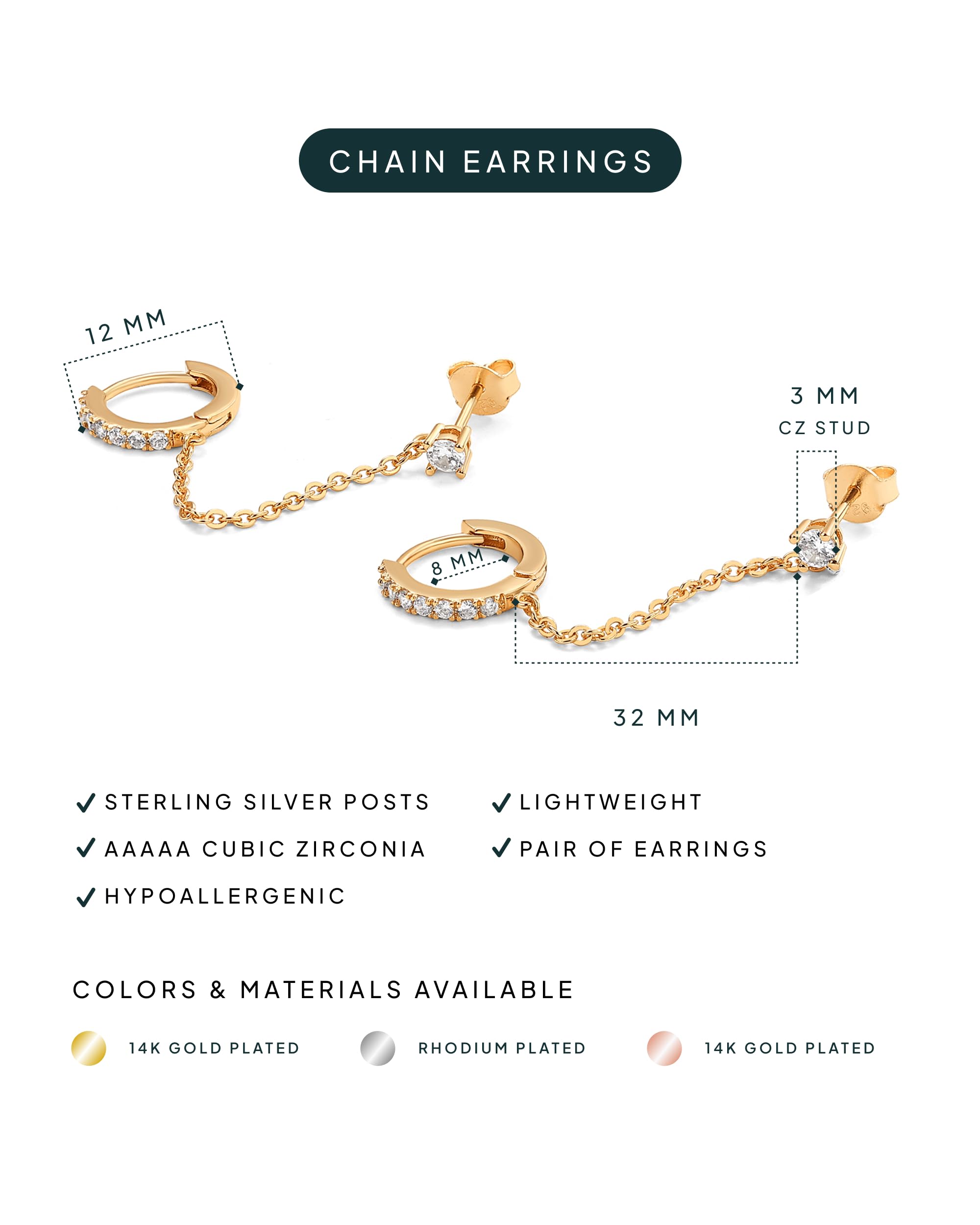 PAVOI 14K Gold Chain Earrings for Women | Double Piercing Dangle Chain Huggie Hoop Earrings | Cubic Zirconia Pearl Stud Ear Cuff Earrings for Women