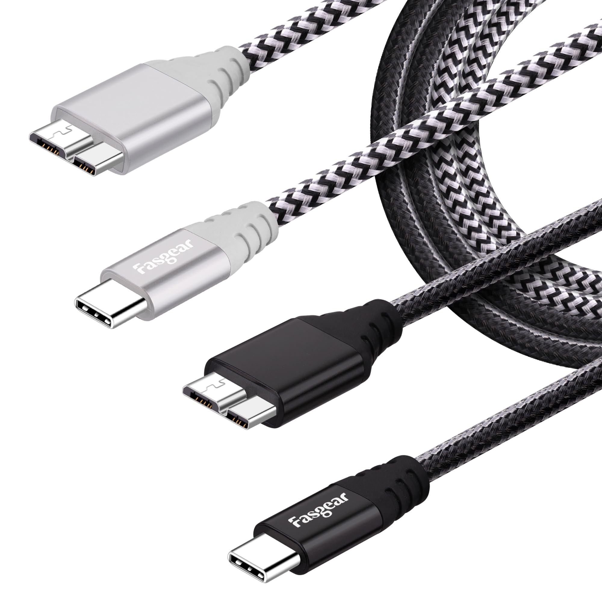 Fasgear USB C to Micro B Cable [1ft] Nylon Braided Metal Connector Type C to Micro 3.0 Cable Fast Charge 5Gbps Sync Compatible with Toshiba Canvio, Galaxy S5 Note 3 and More (1ft, Black, Gray)