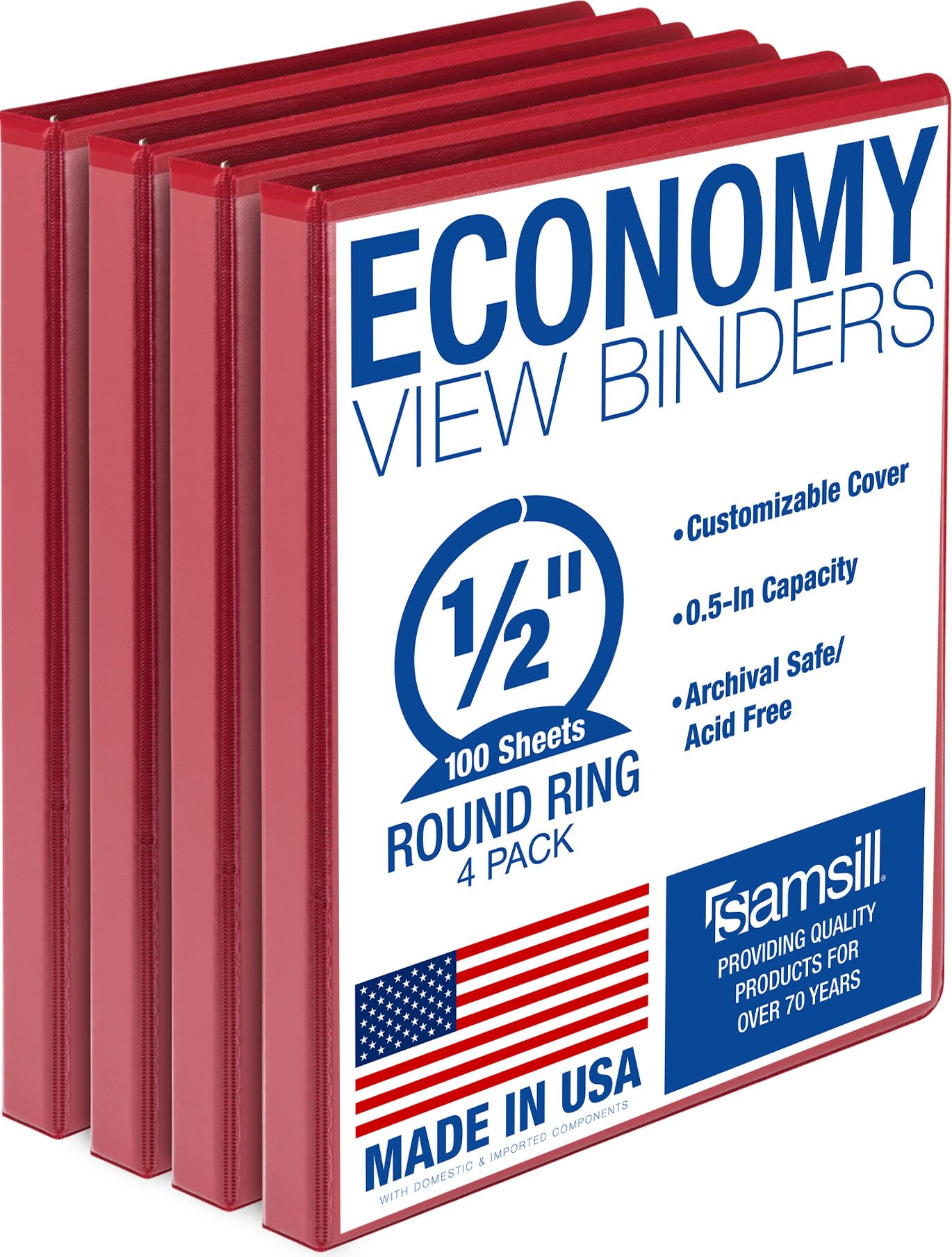 Samsill 0.5 Inch 3 Ring Binder, Economy Round Ring, Clear View Cover, 100 Sheet Capacity - for School, Home, Office - Red, 4 Pack