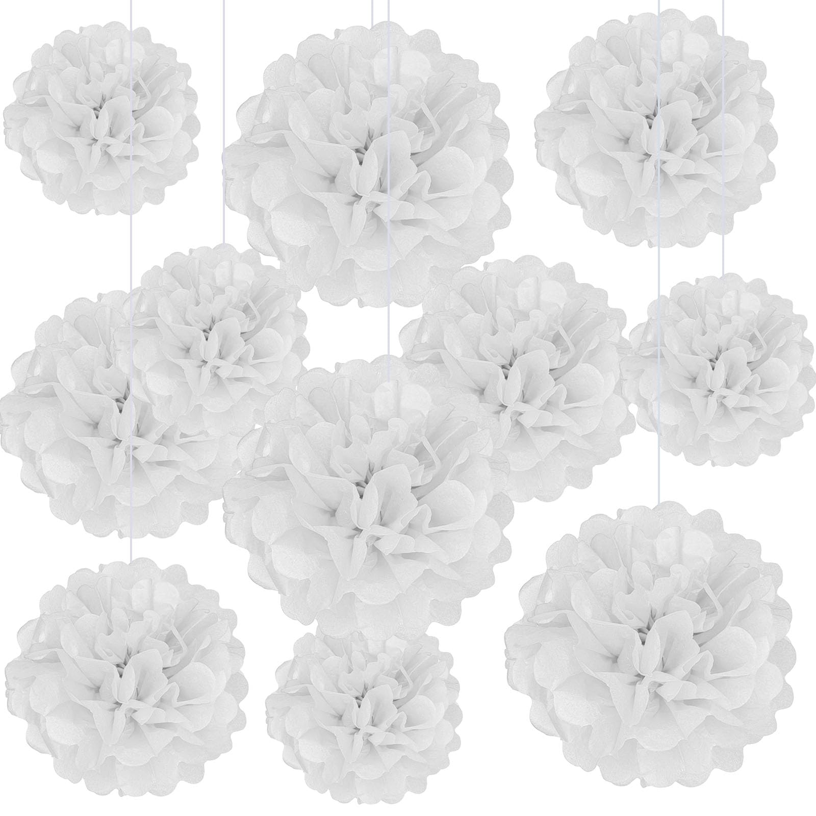Photo 1 of 20 PCS White Tissue Paper Pom Poms, Tissue Pom Poms Flowers, Sizes of 6", 10", 12", 14" Hanging Paper Flower Ball for Wedding, Birthday, Halloween, Christmas, Baby Shower Party Decor