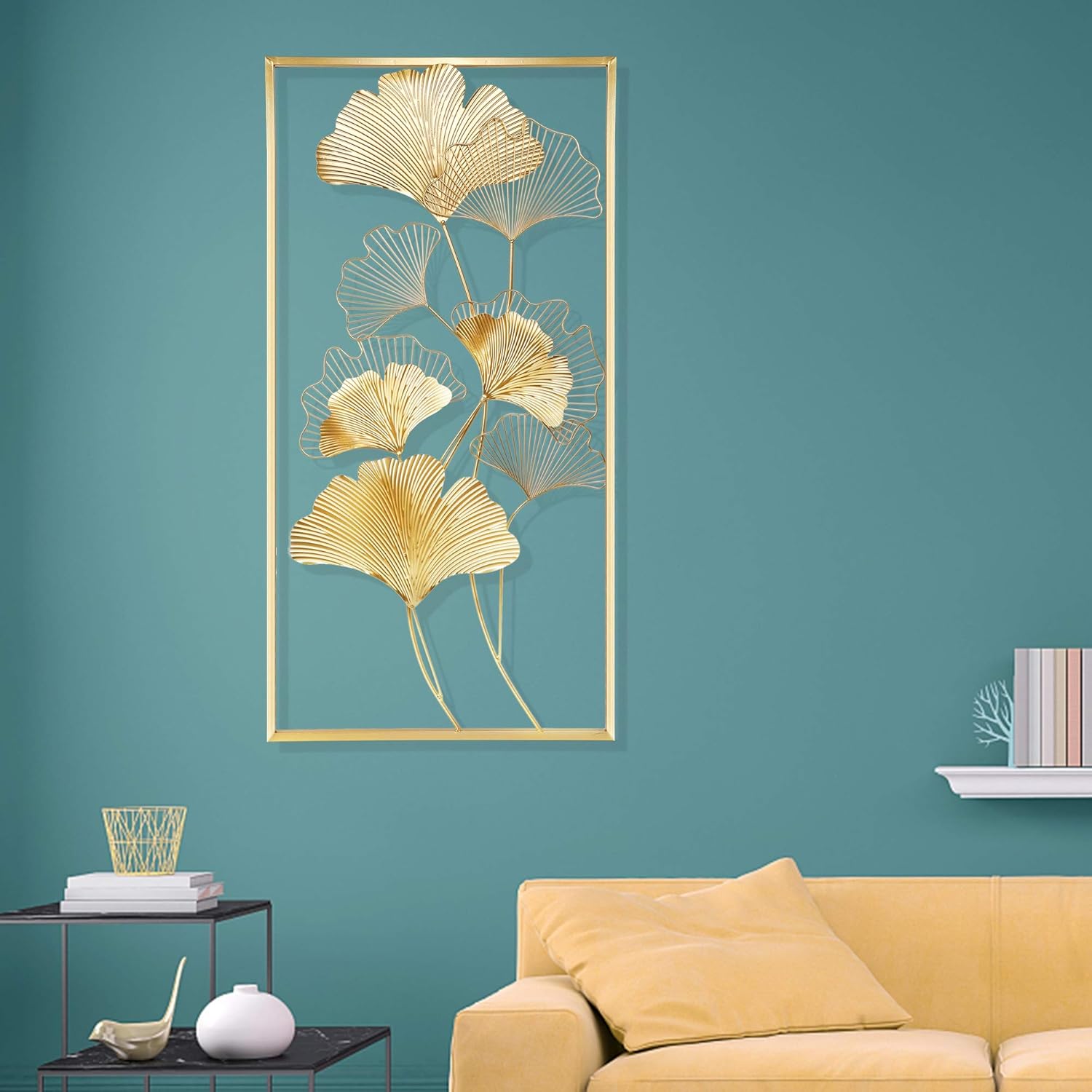 Lulu Home Metal Wall Decor, 39" X 20" Golden Ginkgo Leaf Wall Hanging Decor with Frame, Golden Metal Art Wall Sculpture for Living Room, Office, Study, Large: Everything Else