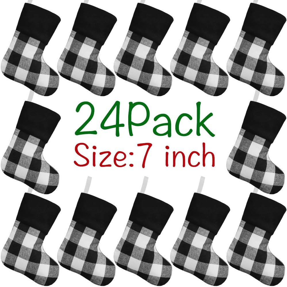 Stockings & Holders - LimBridge Mini Christmas Stockings, 24 Pack 7 inches Buffalo Plaid with Plush Cuff, Classic Stocking Decorations for Whole Family, Black and White