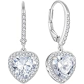 FJ Heart Dangle Drop Earrings 925 Sterling Silver Halo Leverback Earrings Birthstone Jewelry for Women