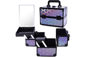 Buanson Lightweight Cosmetic Box Makeup Train Case Lockable Makeup Case Organizer 2 Trays Makeup Storage with Mirror Locking for Portable Makeup Storage Box-(Blue)