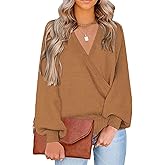 LookbookStore Women's Knit Long Sleeve Faux Wrap Surplice V Neck Sweater Top