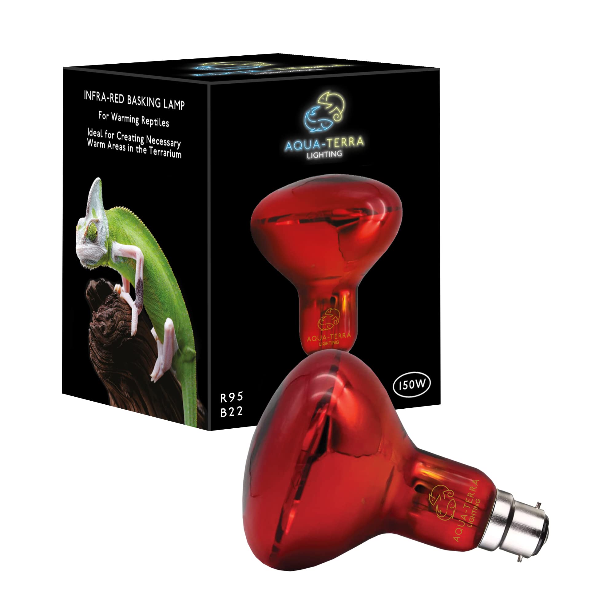 Aqua-Terra Lighting 150w Infrared Basking Heat Lamp for Reptiles, Amphibians and Invertebrates– R95 Spotlight Bulb with a B22 Standard Bayonet Base Suitable for Vivarium Heating