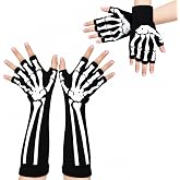 Gemoioio 2Pairs Skeleton Gloves,Skull Gloves for Halloween Accessories | Knitted Winter Fingerless Gloves for Women Men