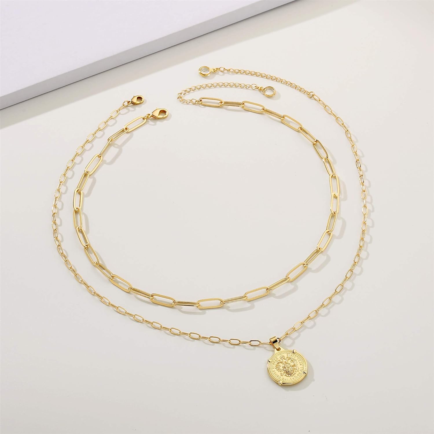 MONOOC Medallion Coin Choker Necklaces for Women, Layered Coin Neckalces for Women, Paper Clip Link Choker Necklace Rectangle Dainty 14K Gold Plated Tiny Beaded Oval Link Chain Necklace: Jewelry