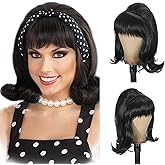 Sabosi Womens Flip Wig 70s Pinup Pelucas 60s Retro Black Beehive Wig Vintage Wig with Bangs for Women Synthetic Hair for Halloween Costume Party