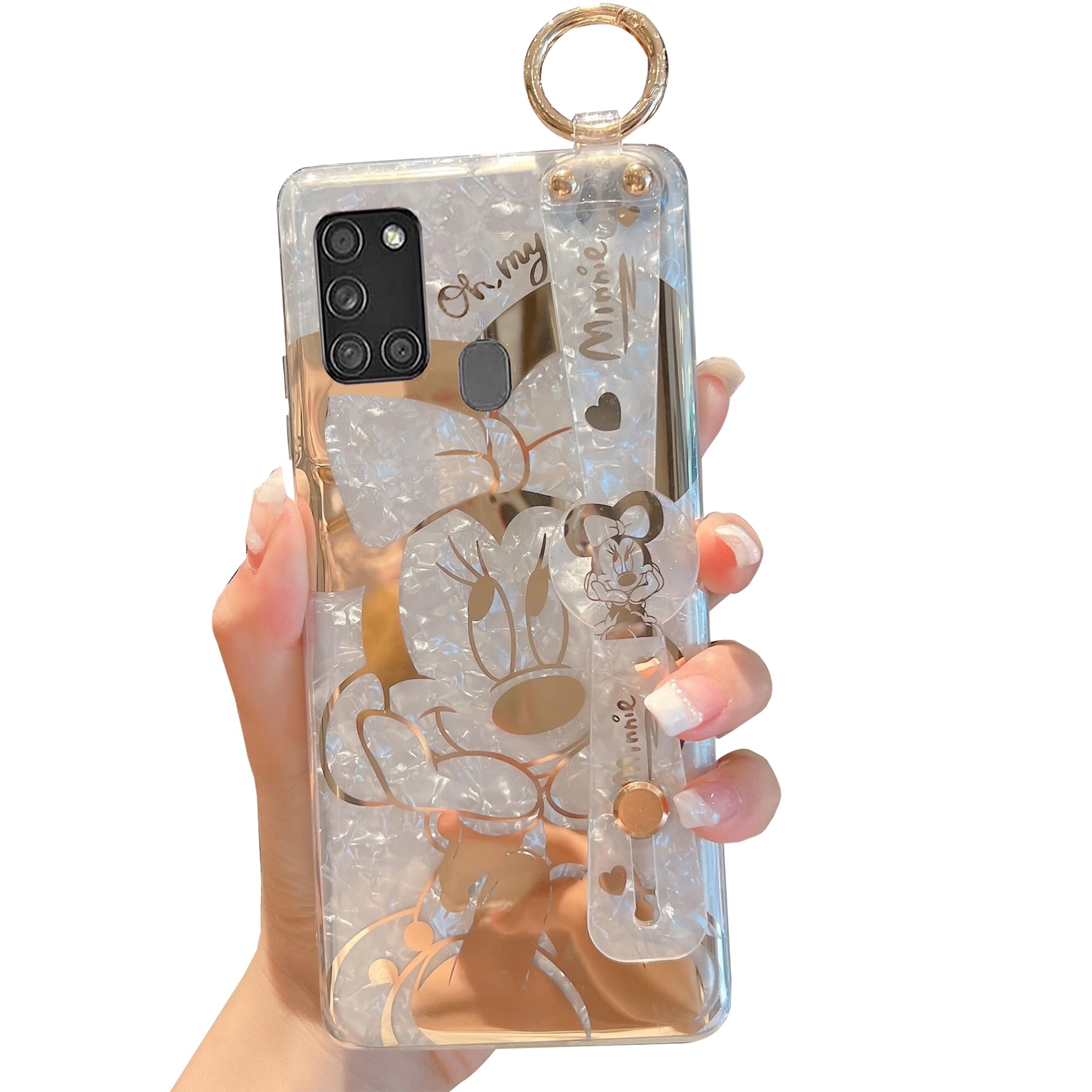PHOQOYO for Galaxy A21s Case Wrist Band Kickstand Cover Ultra Slim IMD Animal Pattern Shockproof Protection Holder Cover for Samsung Galaxy A21s 5G(Cartoon Characters)