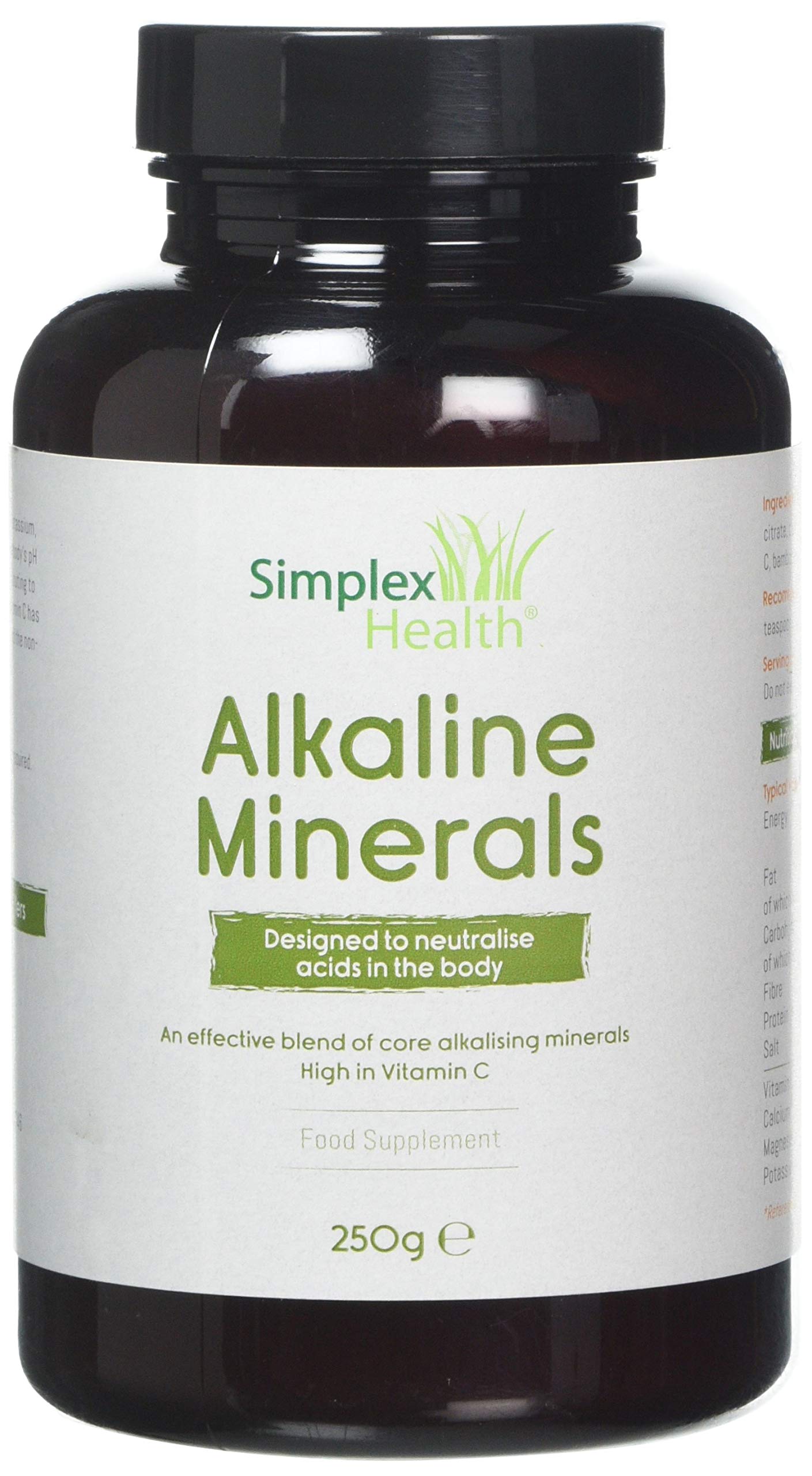 SimplexHealth Alkaline Minerals Powder. Make an Alkaline Drink with core alkalising Minerals Including Potassium Citrate, Calcium Citrate, Magnesium Citrate to pH Balance the Body (250g)