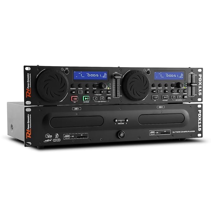 Power Dynamics PDX115 Dual DJ-CD-Player-Controller (USB/SD, MP3, Rack-fähig, 2 Jogwheels, geeignet für 48cm/19 Rack-Montage)