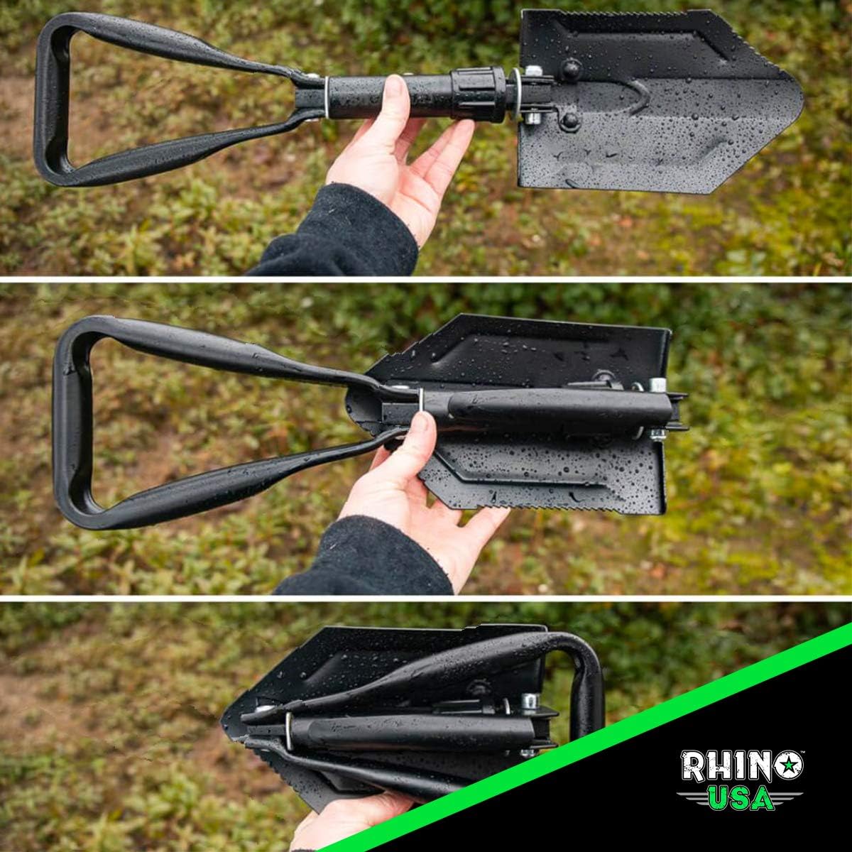 Rhino USA Folding Survival Shovel w/Pick - Heavy Duty Carbon Steel Military Style Entrenching Tool for Off Road, Camping, Gardening, Beach, Digging Dirt, Sand, Mud & Snow - Guaranteed for Life! : Sports & Outdoors