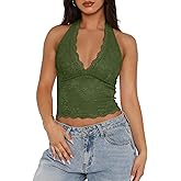 REORIA Women's V Neck Lace Halter Backless Double Lined Tank Top