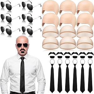 Mepase 30 Pcs Latex Bald Cap with Head Cap Glasses Mustache Bald Wig Tie for Adults Men Halloween Cosplay Party Costume Acces