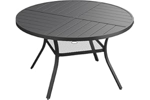 DIFY 47.2" Round Outdoor Patio Dining Table for 6, All-Weather Metal Steel Slatted Patio Table with 1.57" Adjustable Umbrella Hole, for Lawn Garden Porch Backyard, Black
