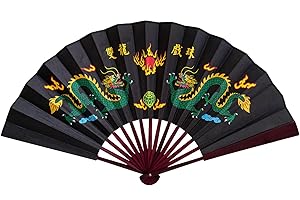 CIFIBIFUN Large 13 Inch Black Dragon Handheld Folding Hand Fans, Chinese Calligraphy Style Vintage Fabric Fan for Man Accessory Festival Party