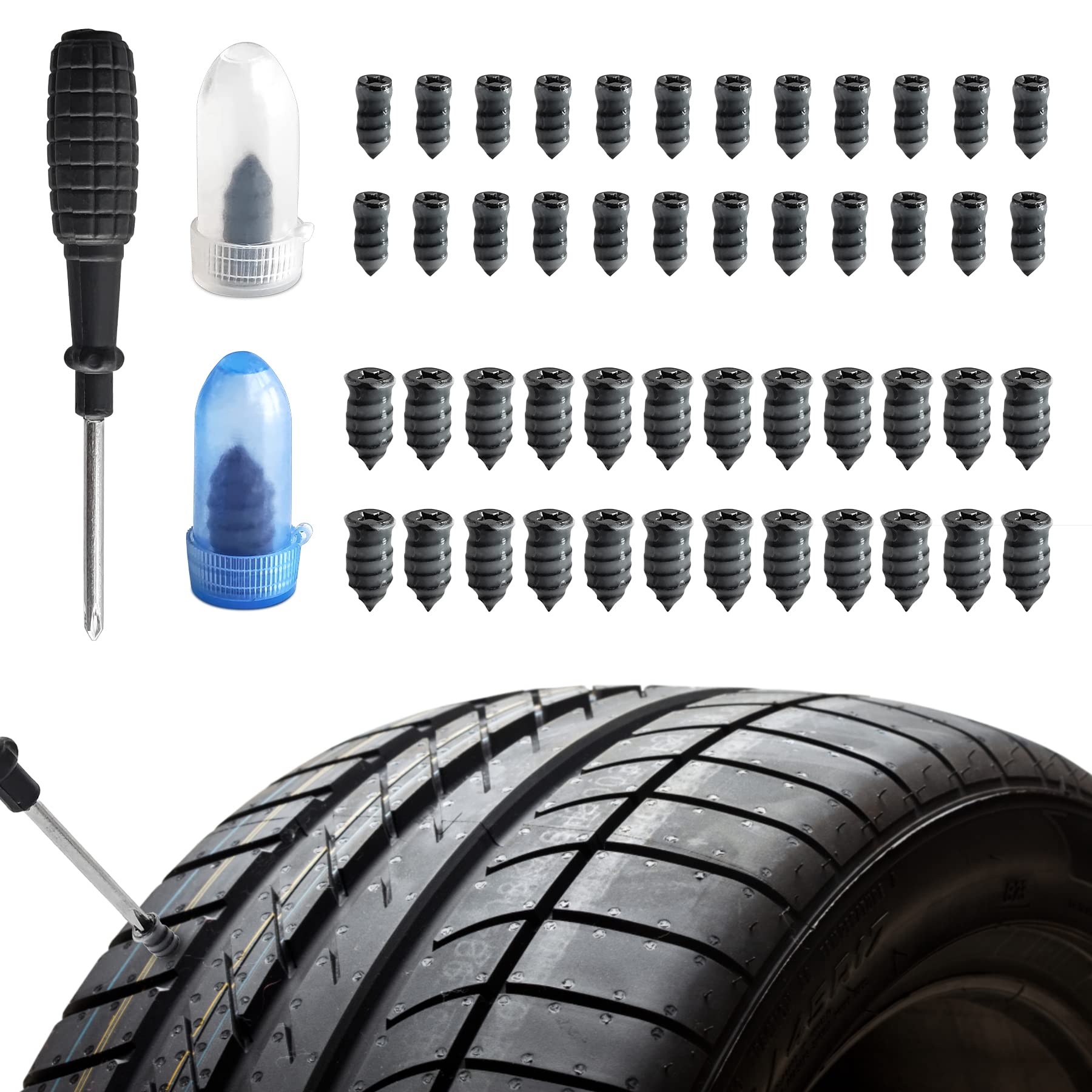 Brelet 50Pcs Tyre Repair Kit Rubber Nails & Screwdriver, Self-Service Car Puncture Repair Tool for Motorcycle Auto Car, Universal Tire Fast Repair Kit (25 S+25 L)