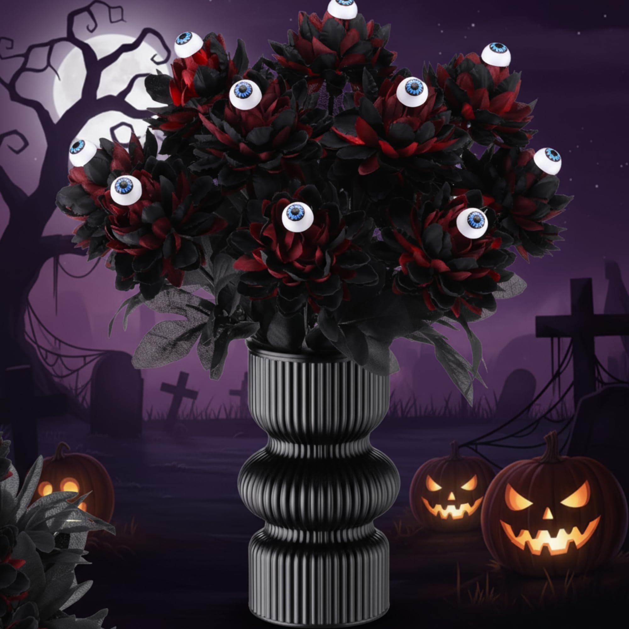 Photo 1 of Suncalla 12 Pack Halloween Flowers with Eyeball 16'' Black and Wine Red Artificial Dahlia Flower with Long Stem Fake Silk Dahlia with Faux Eyeballs for Halloween Party Table Centerpieces Home Decor