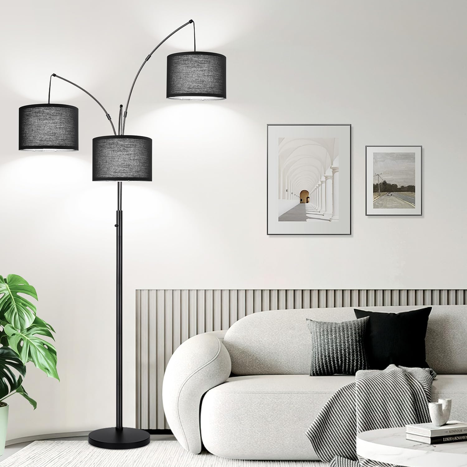 Photo 1 of Dimmable Floor Lamp, 3 Lights Black Arc Floor Lamps for Living Room, Modern Tall Standing Tree Lamp with Black Shade & Heavy Base, Large Floor Lamp for Bedroom Office, 3x1000 LM LED Bulbs Included