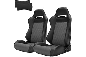 VroomAuto 1 Pair of Universal Racing Seats with Dual Sliders, 2 Neck Pillows, Adjustable Racing Bucket Seats, Reclinable Sport Seats for Cars,Black PVC Leather Seats (Black&Grey)