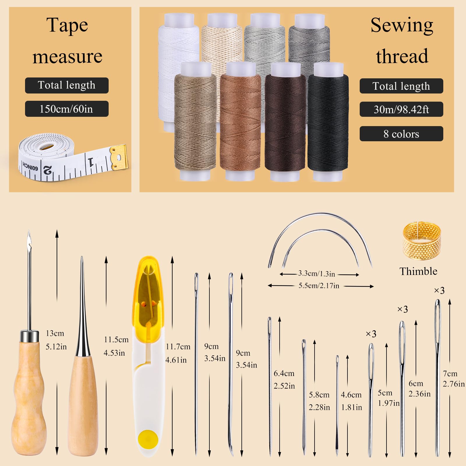 30 Pcs Sewing Kit, Upholstery Repair Kit Heavy Duty Sewing Kit with Upholstery Thread, Sewing Awl, Hand Sewing Stitching Needles for Furniture, Canvas, Weave and Leather Craft DIY