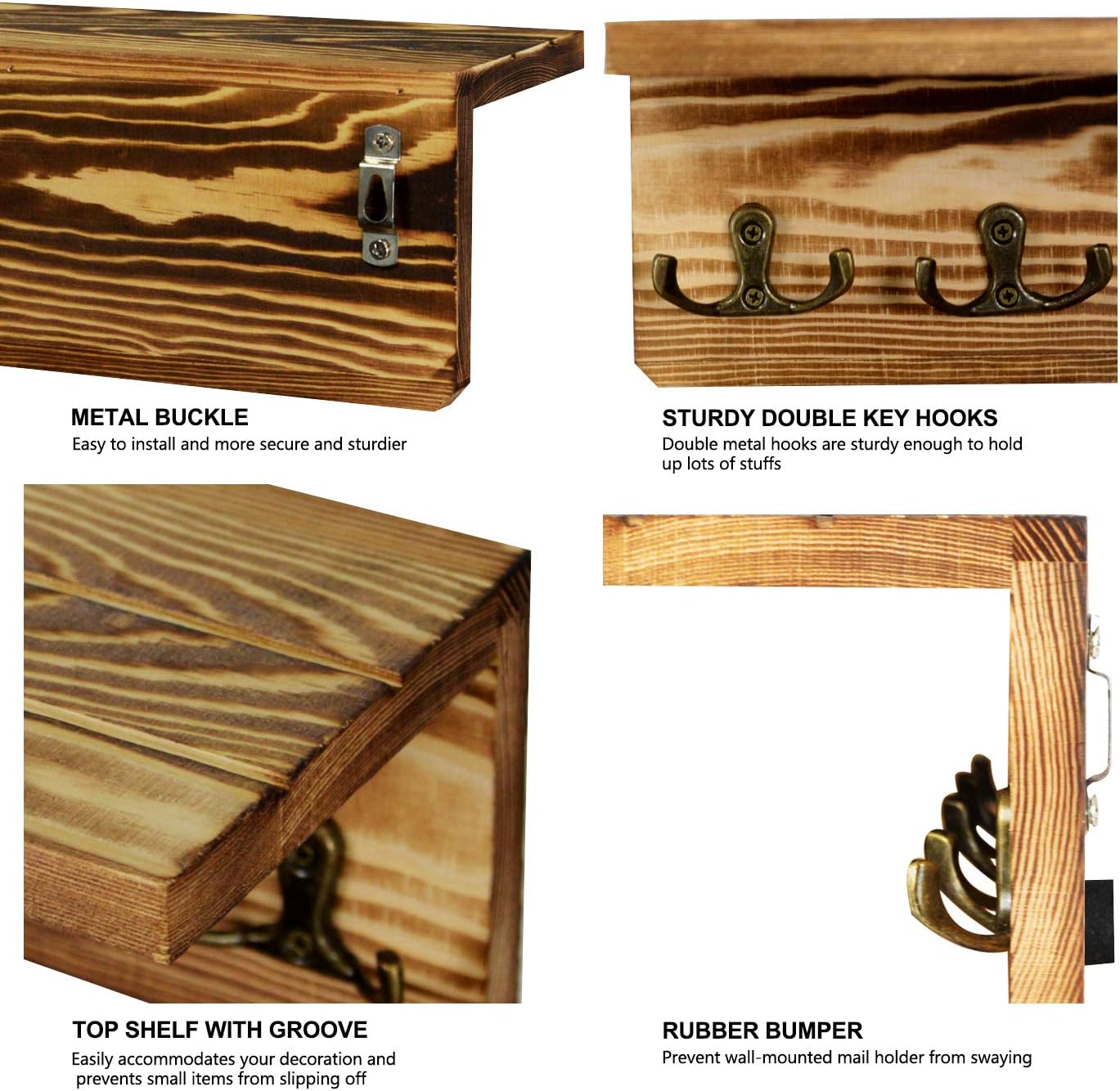 Key Holder for Wall Wooden Key Rack with Shelf Rustic Key Mail Holder Organizer with 4 Dual Key Hooks for Hat Handbags Hanging Coat Rack Hme Decor for Entryway, Bathroom and Kitchen, Fire Color: Home Improvement