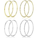 Sanfenly 8Pcs Clip On Hoop Earrings for Women Stainless Steel, Silver Gold Non Piercing Big Hoop Earring Hypoallergenic Twisted Hoop Earrings for Non Pierced Lightweight Ears